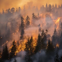 Obraz premium Smoke And Mist, Wildfire Rages Through A Dense Pine Forest In The Mountains, Aerial Perspective