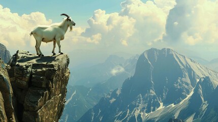A mountain goat surveys its vast surroundings from a rocky ledge, with dramatic peaks and clouds filling the background on a sunny afternoon