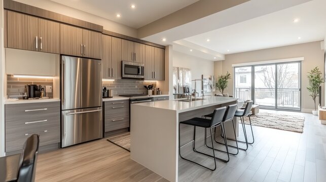 Spacious open plan kitchen with a work table. stainless steel appliances and natural light The design includes spacious counter space and modern cabinetry for a modern look.