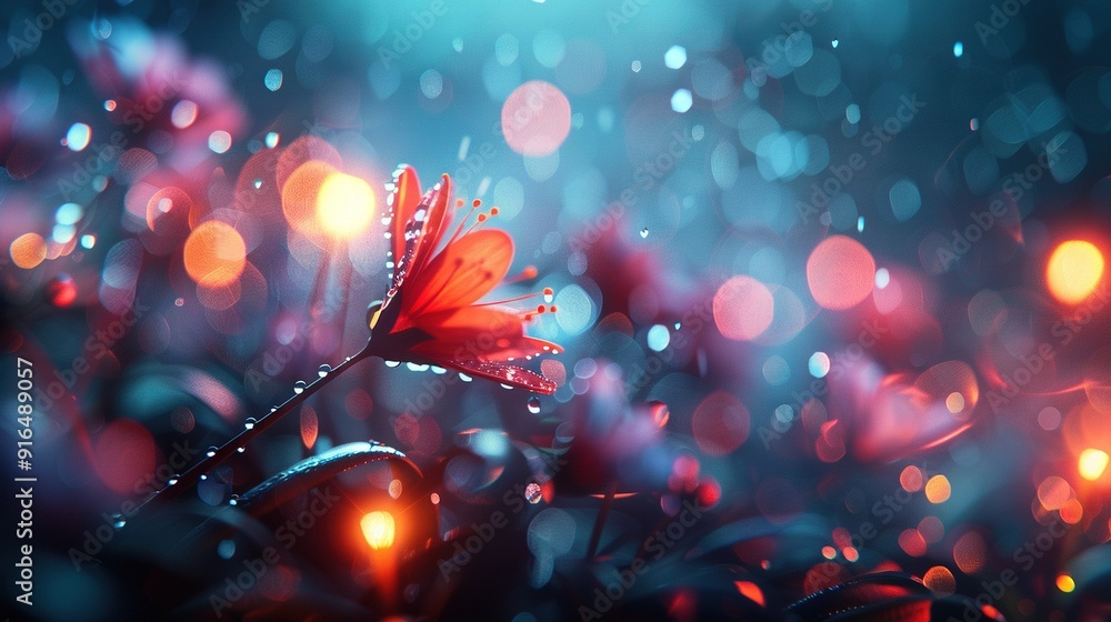 Aufkleber   A sharp red flower against a soft blurred backdrop with specks of light in the foreground