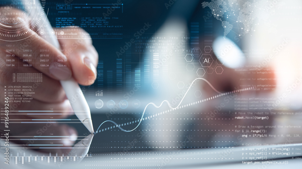 Poster data science, business intelligence concept. businessman using digital tablet computer analyzing big