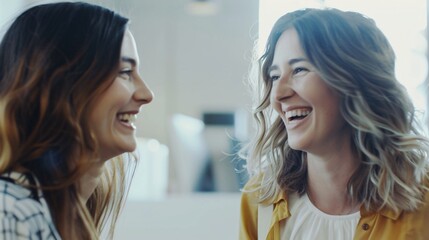 Two friends engage in laughter and lively conversation, enjoying their time together in a bright café