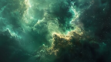 A background of galaxy nebula texture, deep cosmos with shimmering stars, swirling nebulae, and ethereal cosmic clouds, rich greens and blues, mystical and captivating look, hd quality, natural look.