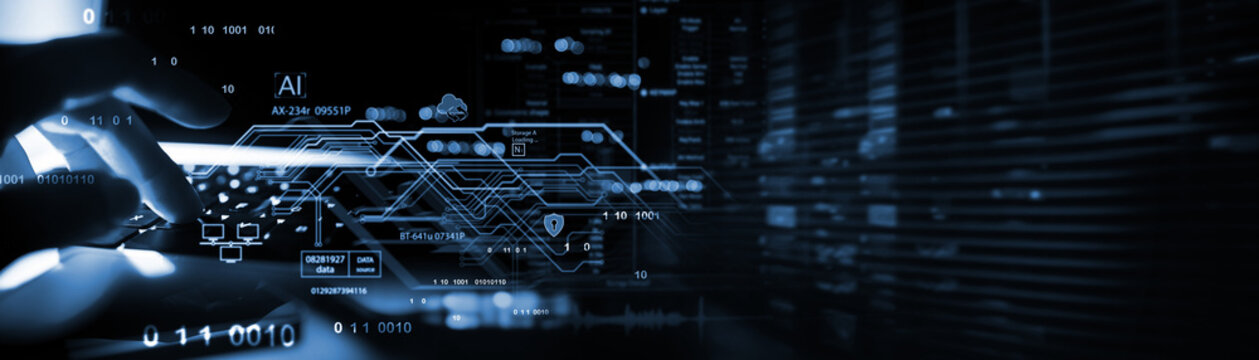 Data science, digital technology background, data engineering, database management. Computer software engineer working with big data connecting with data center and cyber security network