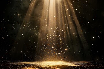 spotlight shines down from the top of empty stage, creating a golden light effect on a black background. A white beam with glittering particle and dust forms a sparkling trail for celebration or award