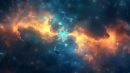 Fototapeta premium A background of galaxy nebula texture, infinite space with bright stars, swirling nebulae, and vibrant cosmic clouds, deep blues and yellows, celestial and enchanting look, hd quality, natural look.