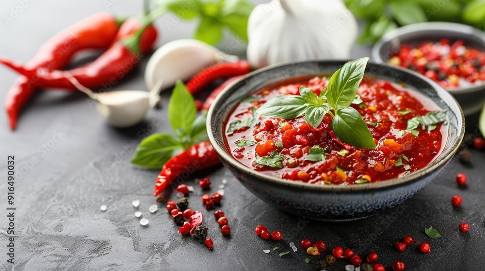 Poster a close-up of a bowl of food on a table with an array of vegetables like peppers and garlic surround