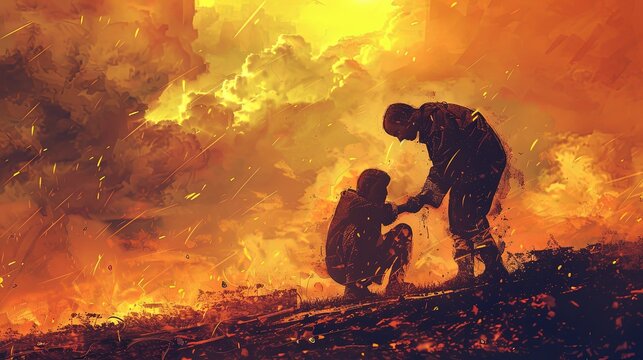 Illustration of Good Samaritan Helping Stranger in Need: Inspirational Biblical Artwork