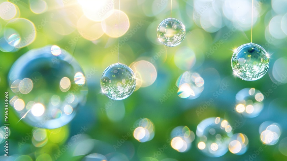 Poster a group of airborne bubbles, bathed in sunlight and set against a hazy background