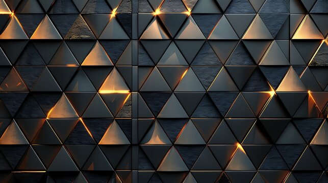 A background of geometric patterns, repetitive triangular shapes, modern and minimalistic design, contrasting colors of black and gold, precise lines, hd quality, natural look. --ar 16:9 --v 6.