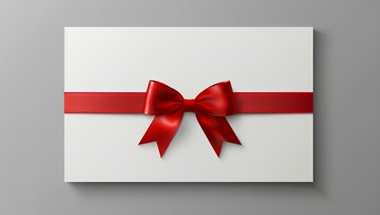 Red ribbon with bow on white gift card isolated mockup  template for festive promotion sale or agent, business set up and marketing advertising design element