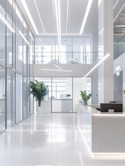 Fototapeta premium A high-resolution photo of a clean and modern office interior with large windows, soft lighting,