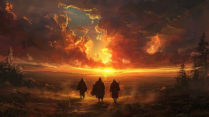 Walking with Jesus: Illustration of the Road to Emmaus with vibrant colors and detailed design