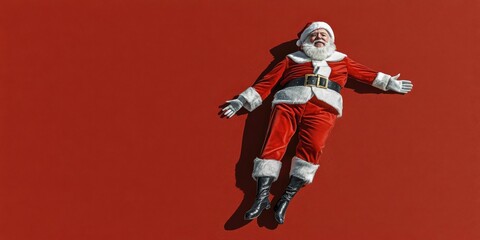 Naklejka premium Joyful Santa Claus Relaxing Against Vibrant Red Background - Festive Holiday Season Imagery