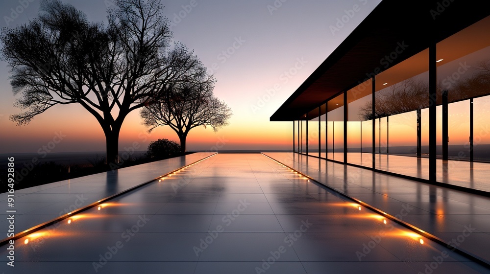 Poster an image of a pool bathed in sunlight at dusk, taken from an external vantage point, featuring build