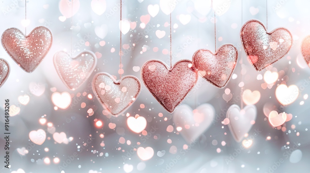 Aufkleber a cluster of hearts dangling on strings against a backdrop of illuminated baskets, with a lit basket