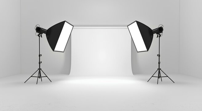 studio with two light stands on a white background, mockup template design photography, simple minimalist style, using a wide angle lens