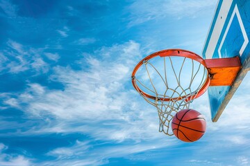 basketball going through the hoop on blue sky background. Minimalistic, copy space concept.