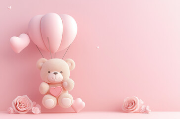 
3D rendering of a Valentine's Day cute teddy bear with a heart hot air balloon and rose flower on a pink background
