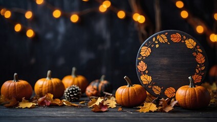 Fototapeta premium Halloween empty round sign mockup with pumpkins and fallen leaves on dark background. Wooden board with autumn holiday decoration with copy space