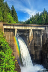 Vibrant Rainbow Over Hydroelectric Dam, sustainable energy solutions, green technology, environmental harmony, renewable resources, ecological balance, climate action, nature and innovation, clean ene