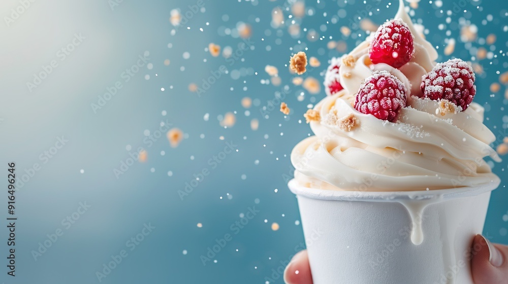 Poster a macro shot of a scoop of ice cream with fresh raspberries strewn over it and a light dusting of sp