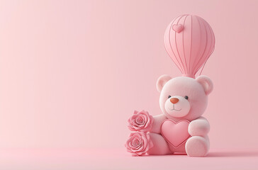 
3D rendering of a Valentine's Day cute teddy bear with a heart hot air balloon and rose flower on a pink background
