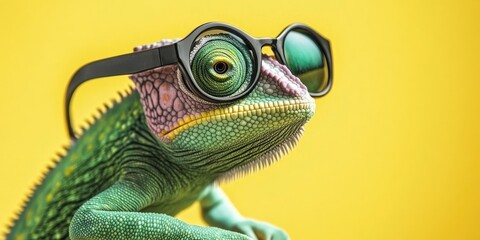 Colorful Chameleon Wearing Glasses Against Vibrant Yellow Background - Funny and Quirky Animal Portrait