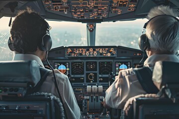 pilots in the cockpit flying an airplane with lots of buttons on different screens and instruments. Hands at the steering wheel, close up shot. Pilot and cop are in a majestic fine art 