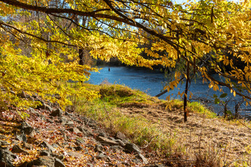 Photograph of a person fly fishing in the serene waters of the Tumut River, in the township of...
