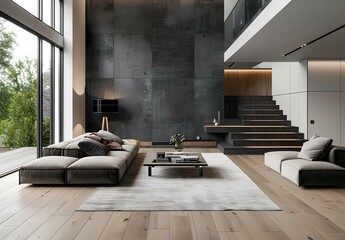 modern living room with a white oak floor, a grey sofa and a black wall behind it, a wooden staircase in the background, a white ceiling, a glass door to a garden