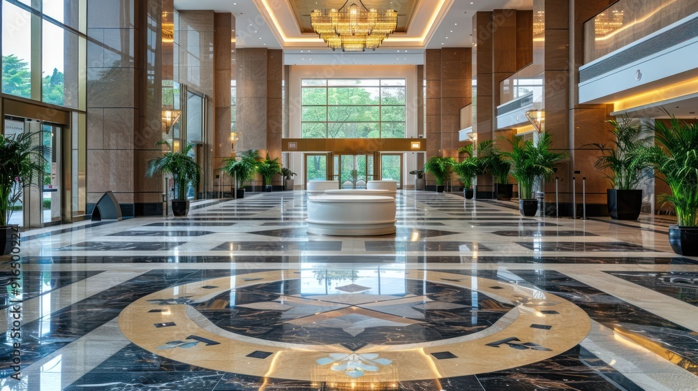 Poster a large, open lobby with a large circular table in the center