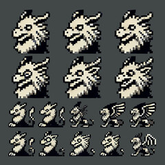 Detailed pixel art sprite sheet featuring griffon icons