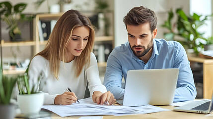 Couple Working Together on Documents - Photo
