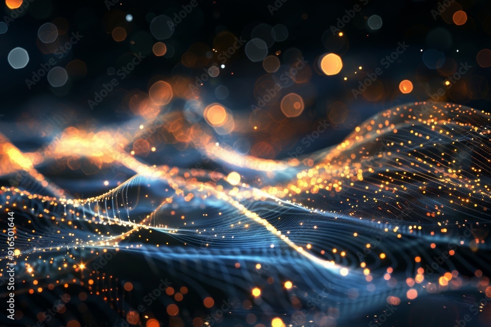 Poster abstract concept of light motion with glowing particles and energy waves, representing dynamic force