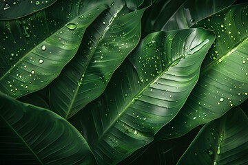 close up of large green leaves with water droplets on them, tropical rain forest background, Dark green leaf texture for banner or wallpaper