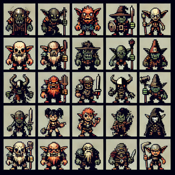 Detailed pixel art sprite sheet featuring various goblins