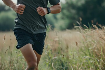 Fototapeta premium Full body of an athlete man running in a field with a smart watch on his arm, wearing short black shorts and a gray t-shirt, close up shot