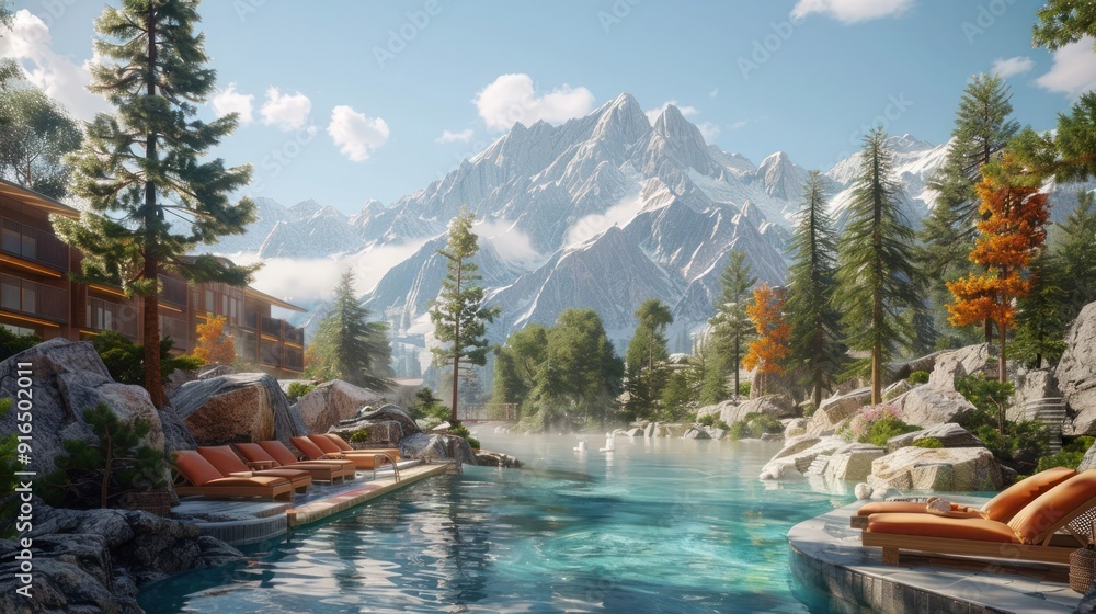 Aufkleber a mountain range is in the background of a pool with a lodge in the foreground