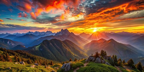 Mountain landscape with vibrant colors of sunset casting a warm glow over the peaks and valleys, Mountain, landscape, sunset
