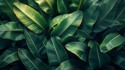 Fototapeta premium A background of tropical leaves texture, overlapping banana leaves with rich green tones, lush and tropical foliage, exotic and vibrant look, hd quality, natural look. --ar 16:9 --v 6.