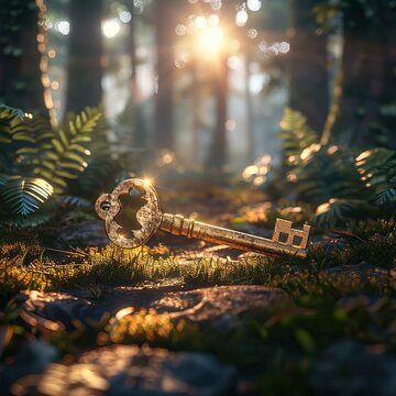 Golden key, unlocking secrets, a magical forest scene, misty morning, 3D render