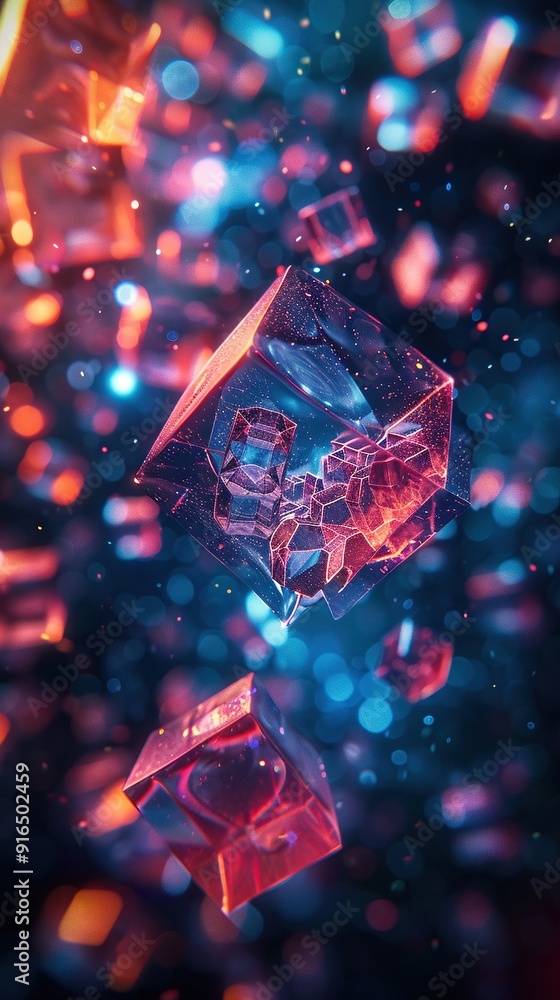 Poster abstract crystal shapes with bokeh lights.