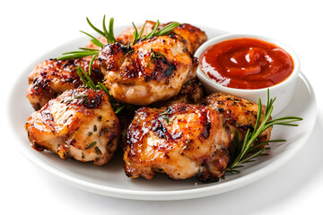 Delicious homemade fried chicken with rosemary and lemon with red sauce or ketchup on a plate commercial food photo