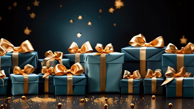 Decorative blue gift boxes with golden ribbons against a dark starry background