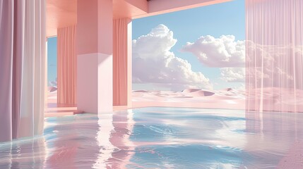 3d render of an open space with water on the floor, view from inside looking out at desert landscape with clouds in sky, pink walls and curtains