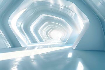 3D render of a white and blue abstract background with lines in the form of a tunnel or corridor, futuristic geometric wallpaper for presentation design, top view.