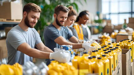 Volunteers Packing Food Donations - Realistic Image