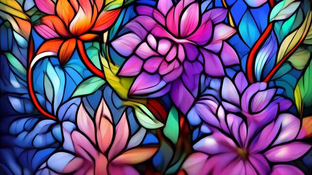 Colorful floral stained glass artwork with vibrant patterns in a design studio