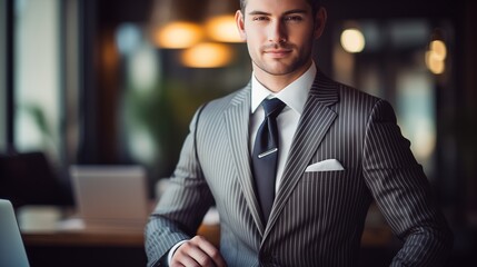 Fototapeta premium Corporate Charisma: Sharp Businessman with a Vision in Modern Office